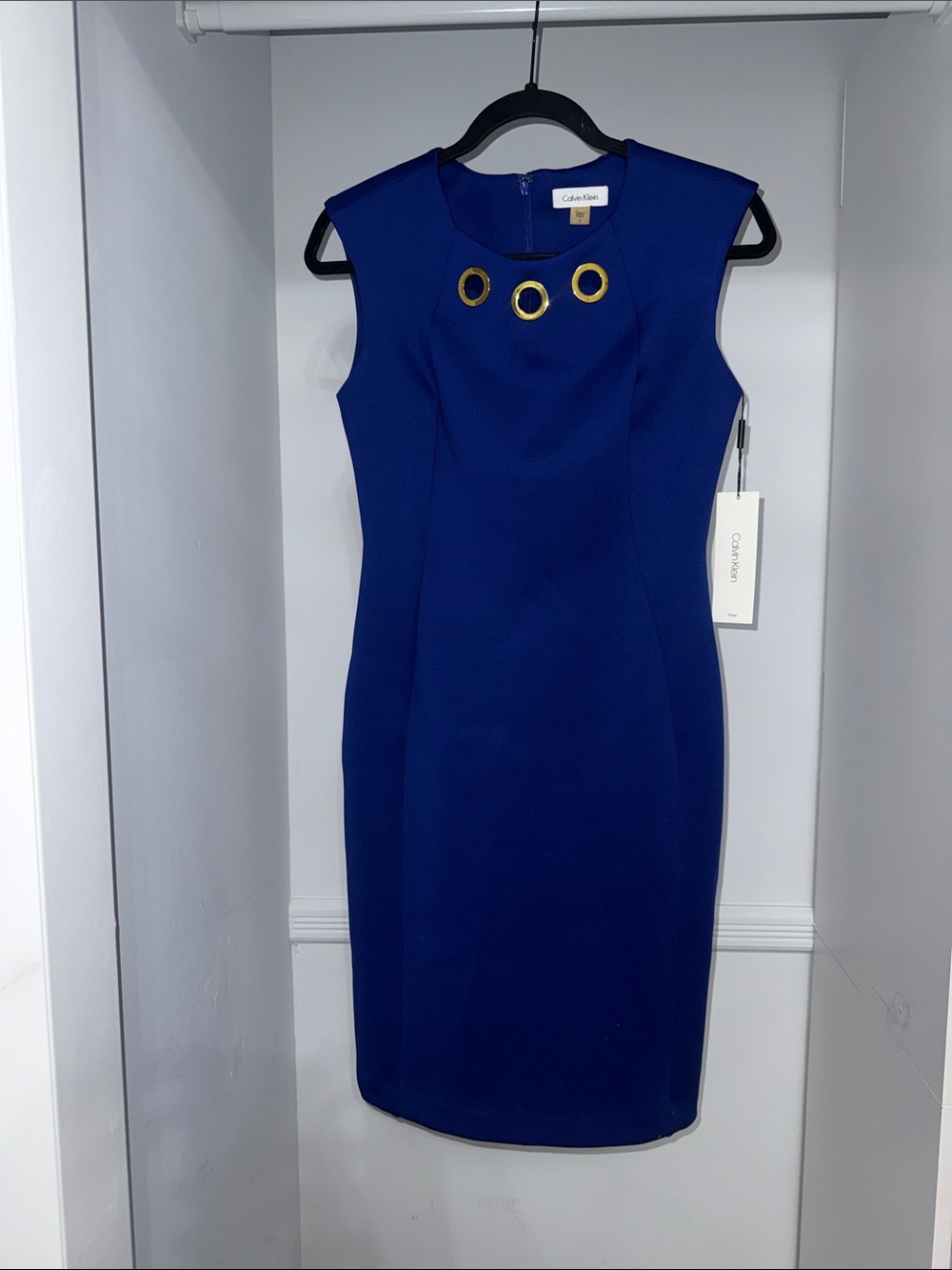 NWT Calvin Klein Cobalt Blue Sheath Dress with Gold Ring Detail